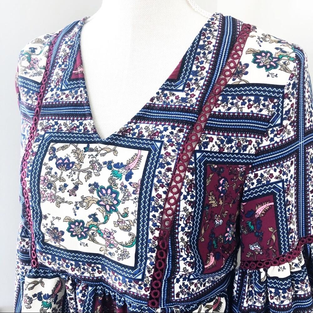 Altar’d State Boho Patchwork Patterned Dress w/ Bell Sleeves - Picture 2 of 7